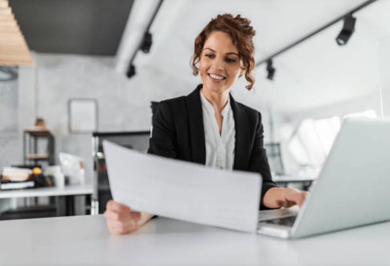 A woman reading a transcript